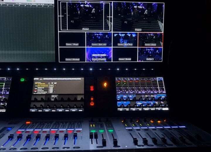 Digital mixing console and multi camera monitors set up by FKLEF Productions for a live event